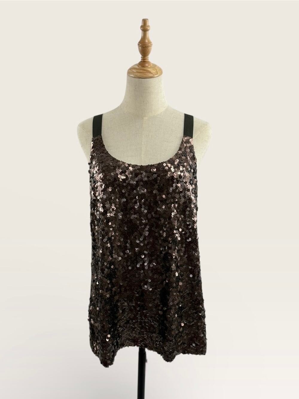 Theory 100% Silk Chocolate Sequin Top with Grosgrain Strap, Size M